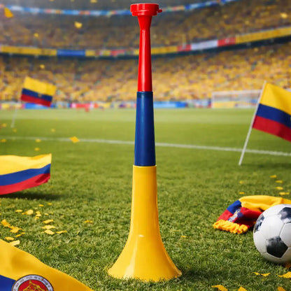 Vuvuzela tricolor en campo de fútbol con banderas y balón