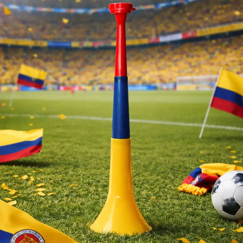 Vuvuzela tricolor en campo de fútbol con banderas y balón